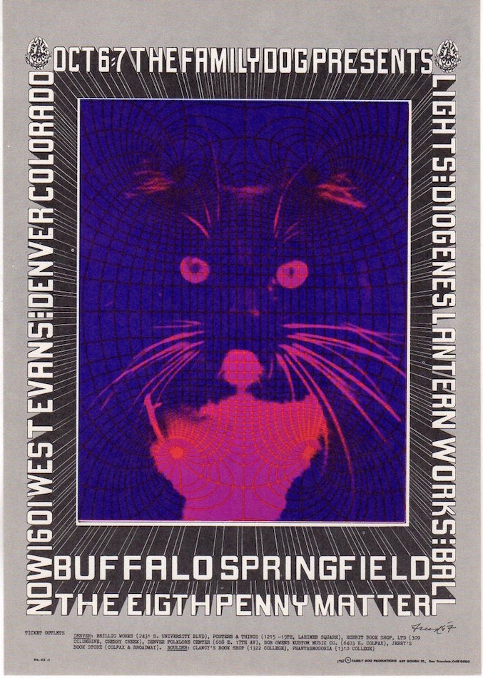 Item #1145 Buffalo Springfield and Eight Penny Matter: Family Dog Productions Concert Postcard (1967). Chet Helms, Robert Fried.