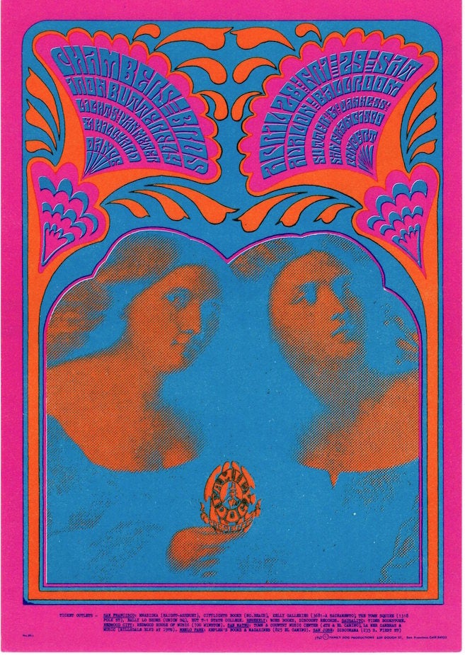 Item #1147 The Chamber Brothers and Iron Butterfly: Family Dog Productions Concert Postcard (1967). Chet Helms, Victor Moscoso.