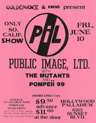Item #1155 PIL at the Hollywood Palladium, Concert Flyer (1983