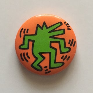 Item #1366 Dancing and Barking Dog Button (Orange/Green 1986). Keith Haring