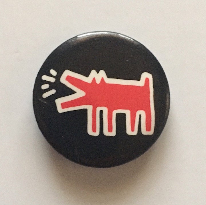 Item #1367 Barking Dog Button (Black background, circa 1987). Keith Haring.