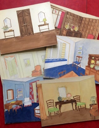 A Collection of 6 Original Interior Design Watercolor Paintings, circa 1930s. Artist Unknown.