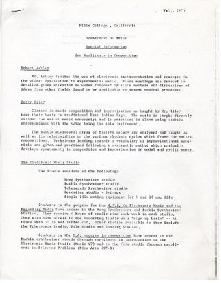 Item #1399 Mills College: Dept. of Music Documents (1975). Robert Ashley, Terry Riley, et. al