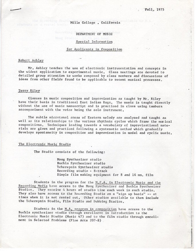 Item #1399 Mills College: Dept. of Music Documents (1975). Robert Ashley, Terry Riley, et. al.