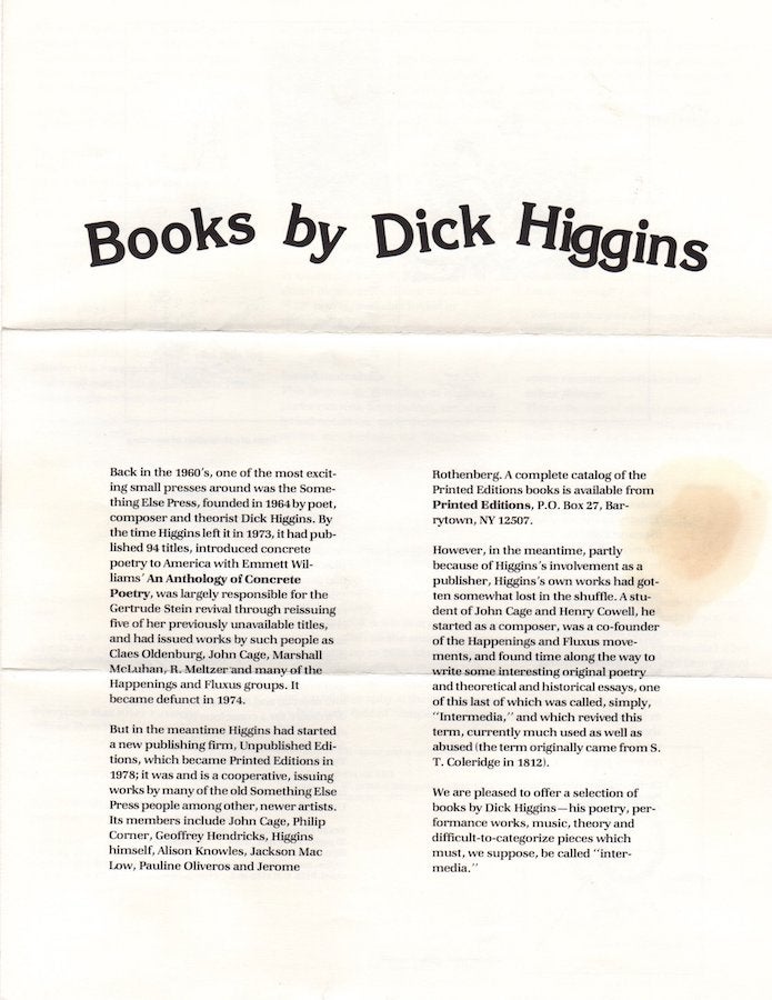 Item #1449 Books by Dick Higgins. Dick Higgins.