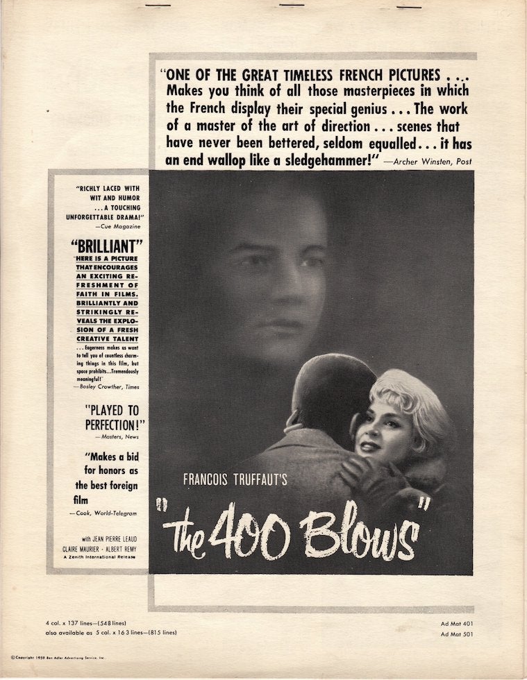 Item #1489 The 400 Blows: Original American Press Kit & Ad Mats (1959). Francois Truffaut.