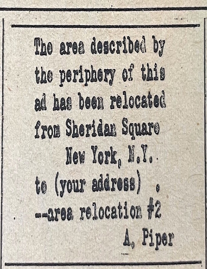 Item #2181 Original Adrian Piper Area Relocation #2 Advertisement/Artwork; plus Yayoi Kusama, Lucy Lippard and Dwan Gallery Ads in The Village Voice, Vol. XIV, No. 33 (1969). Daniel Wolf.