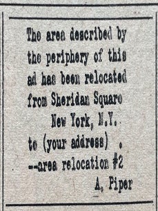 Original Adrian Piper Area Relocation #2 Advertisement/Artwork; plus Yayoi Kusama, Lucy Lippard and Dwan Gallery Ads in The Village Voice, Vol. XIV, No. 33 (1969)