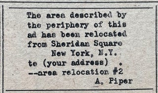 Original Adrian Piper Area Relocation #2 Advertisement/Artwork; plus Yayoi Kusama, Lucy Lippard and Dwan Gallery Ads in The Village Voice, Vol. XIV, No. 33 (1969)