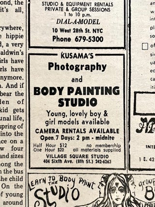 Original Adrian Piper Area Relocation #2 Advertisement/Artwork; plus Yayoi Kusama, Lucy Lippard and Dwan Gallery Ads in The Village Voice, Vol. XIV, No. 33 (1969)