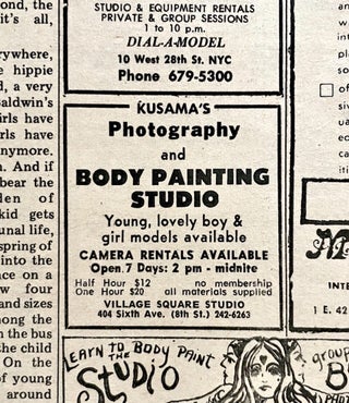 Original Adrian Piper Area Relocation #2 Advertisement/Artwork; plus Yayoi Kusama, Lucy Lippard and Dwan Gallery Ads in The Village Voice, Vol. XIV, No. 33 (1969)
