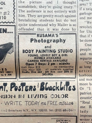 Original Adrian Piper Area Relocation #2 Advertisement/Artwork; plus Yayoi Kusama, Lucy Lippard and Dwan Gallery Ads in The Village Voice, Vol. XIV, No. 33 (1969)