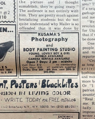Original Adrian Piper Area Relocation #2 Advertisement/Artwork; plus Yayoi Kusama, Lucy Lippard and Dwan Gallery Ads in The Village Voice, Vol. XIV, No. 33 (1969)