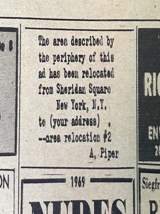 Original Adrian Piper Area Relocation #2 Advertisement/Artwork; plus Yayoi Kusama, Lucy Lippard and Dwan Gallery Ads in The Village Voice, Vol. XIV, No. 33 (1969)
