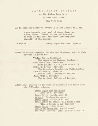 Item #366 James Joyce Society: Gotham Book Mart; Speaker Henry Augustine Tate