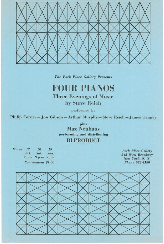 Item #430 Four Pianos: Three Evenings of Music & Continuous Tape Music [Set]. Steve Reich.