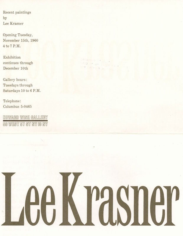 Item #504 Lee Krasner: Recent Paintings 1960. Lee Krasner.