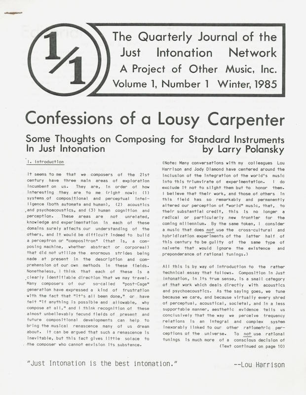 Item #923 1/1: The Quarterly Journal of the Just Intonation Network [Set of 20 Issues]. David B Doty, Ed.